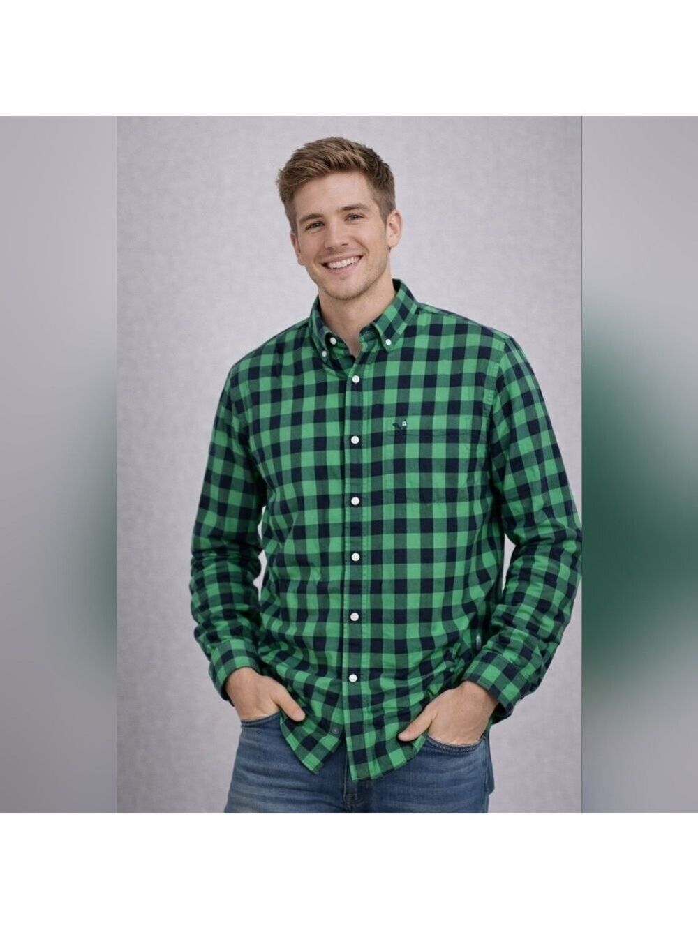 American Eagle Green Navy Buffalo Plaid Button Down Shirt XL Tall Classic Fit